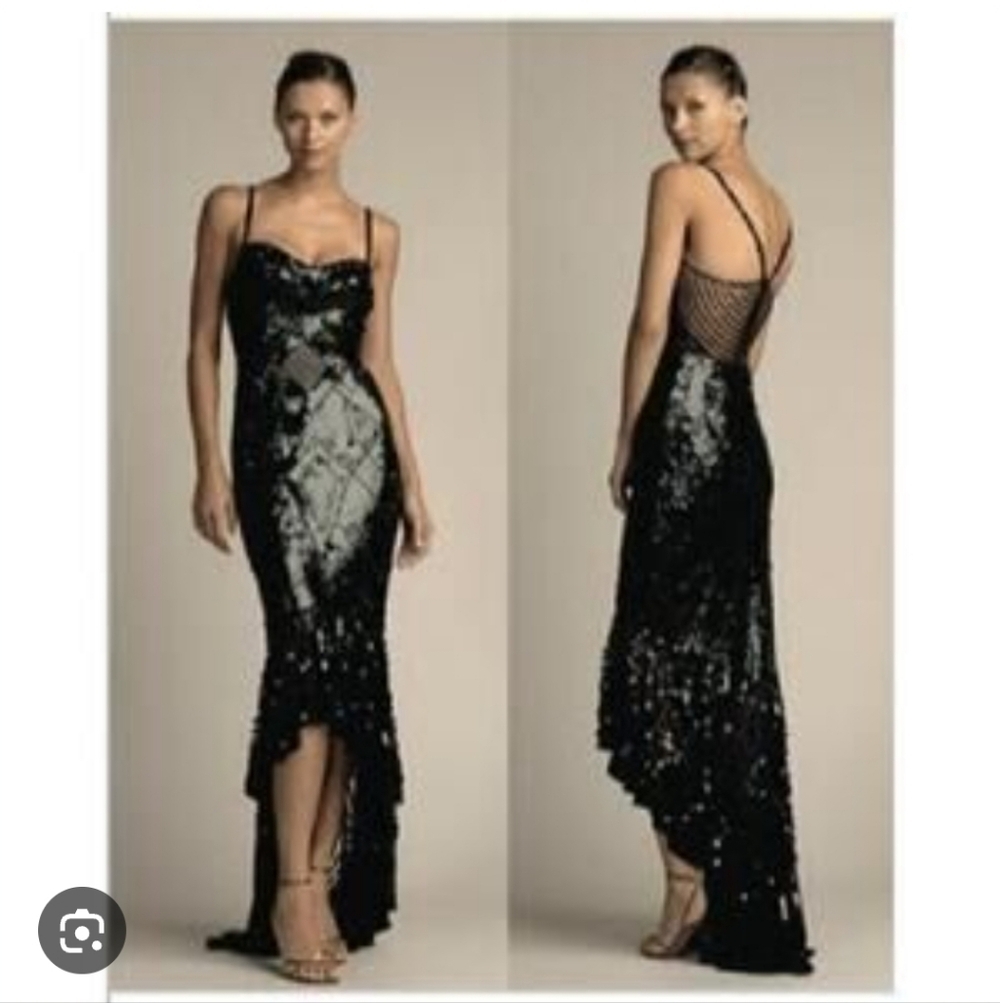 Mandalay Black Sequins NWT 8. Cocktail Evening Dress. Fishtail Hemline. Floor